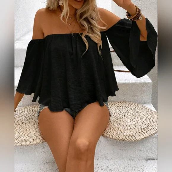 NEW Flowy Off Shoulder Half Sleeve Summer Top Black - Picture 3 of 8